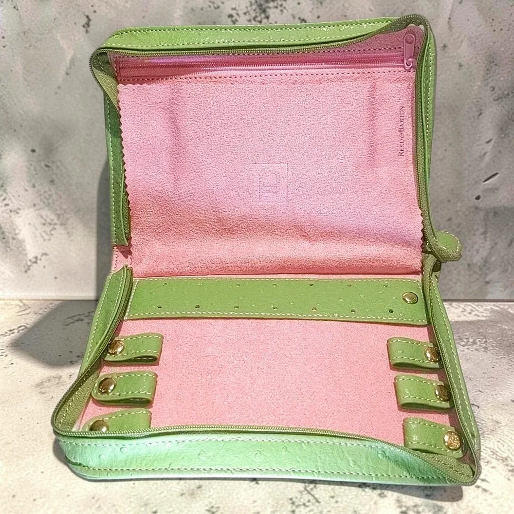VTG Reed & Barton Ostrich Leather Travel Jewelry Case Organizer Green TD Logo